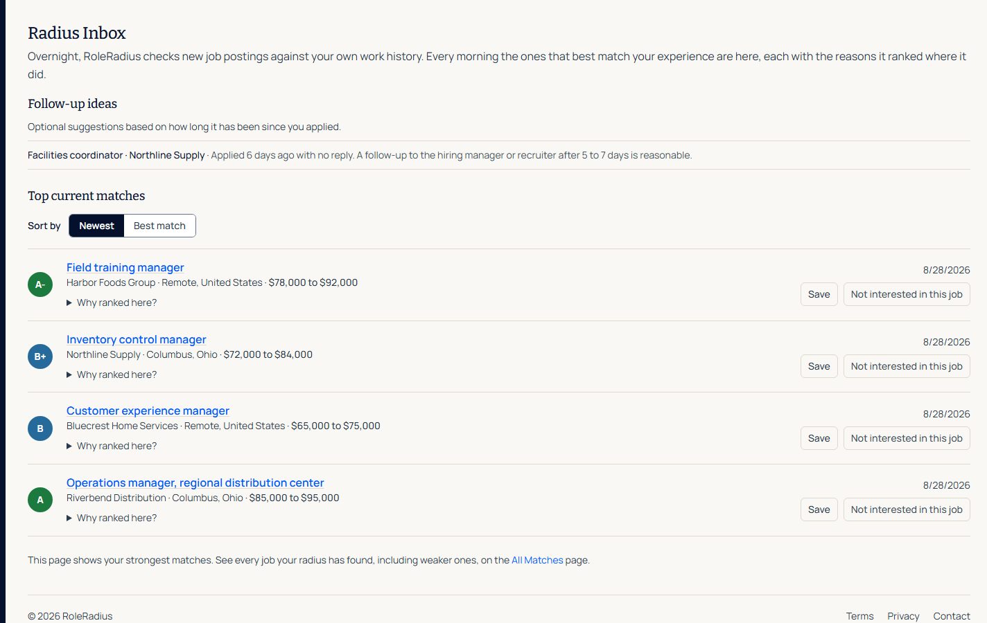 The Radius Inbox page: a follow-up suggestion for an application with no reply yet, then four job matches, each with its match grade, the company, the pay, and a "Why ranked here?" link.